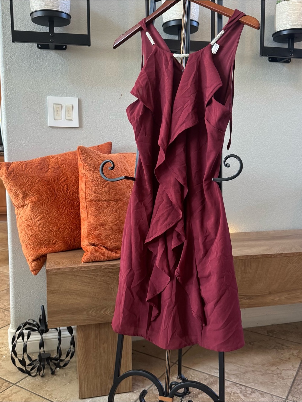 VENUS Burgundy Ruffle Front Sleeveless Mini Dress